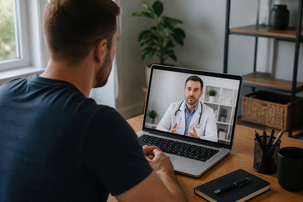 Male patient in video consultation with physician on laptop in home office environment, showing remote telehealth appointment setup with professional lighting