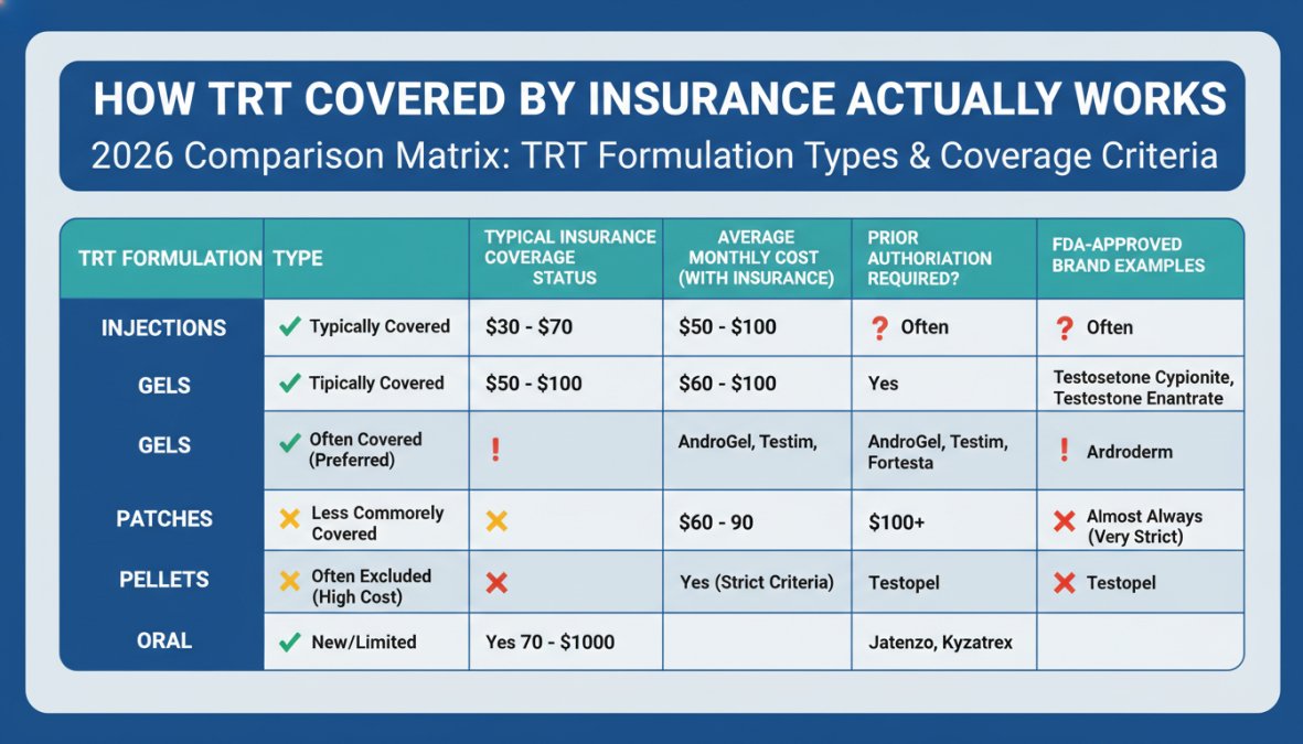 Comparison matrix showing 5 TRT formulation types (injections, gels, patches, pellets, oral) across 4 criteria: typical insurance coverage status, average monthly cost with insurance $30-$100, prior authorization requirement, and FDA-approved brand examples