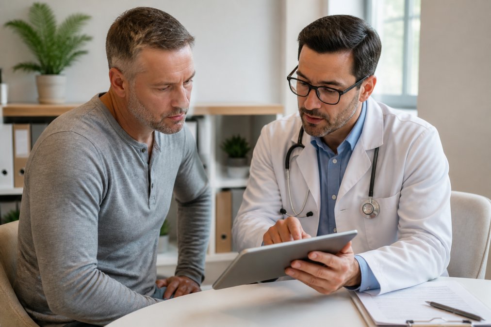 A middle-aged man in a bright, modern clinic consulting with a male physician, both looking at a tablet showing lab results, natural window lighting