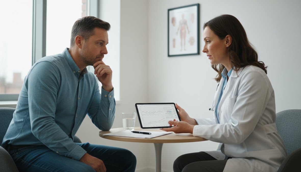 A male patient in his 40s sitting across from a physician in a well-lit medical office, both reviewing lab results on a tablet together, the doctor pointing at specific values on the screen while the patient listens attentively