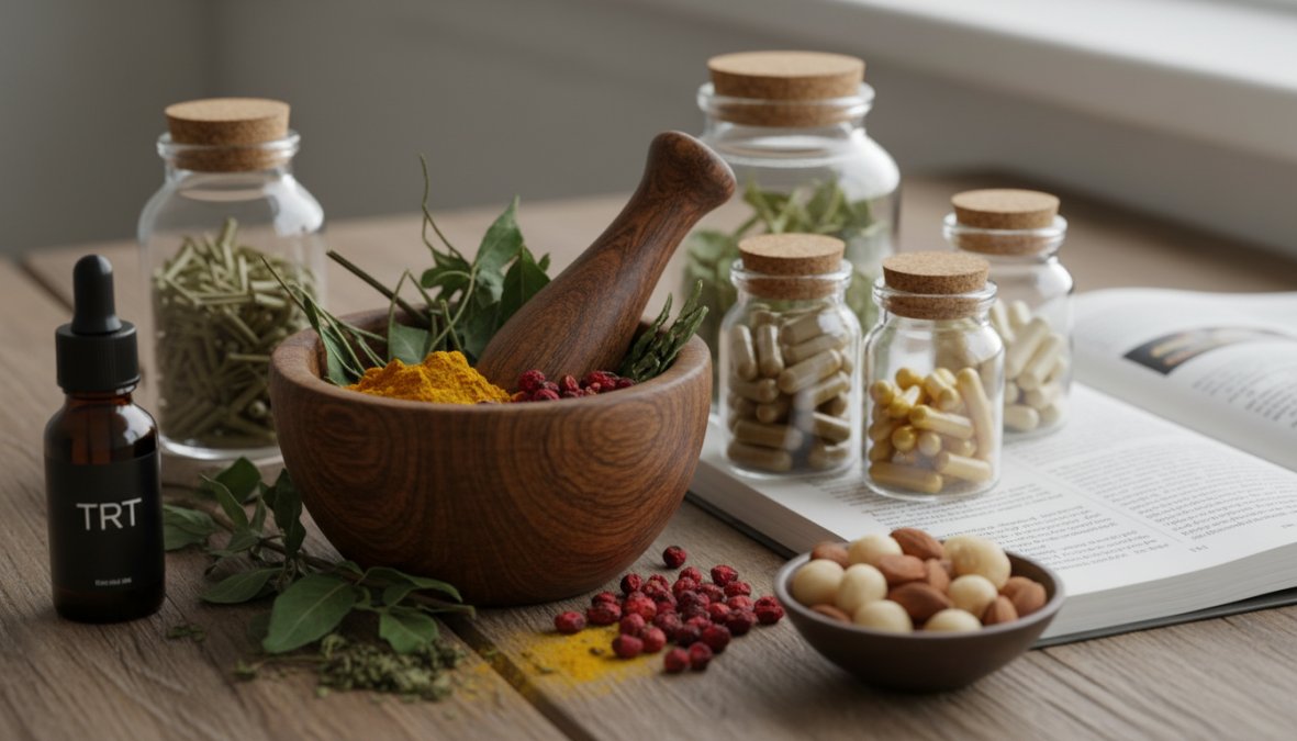 Close-up of four supplement bottles with labels visible, arranged on a clean white surface alongside loose capsules, a glass of water, and an open notepad with handwritten notes, photographed in bright natural light