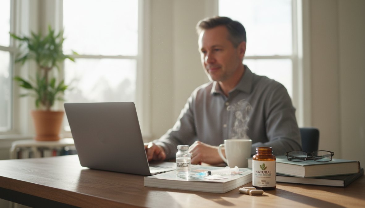 A man in his mid-40s seated at a home office desk, speaking with a telehealth provider visible on a laptop screen, looking engaged and confident, warm ambient lighting in a comfortable, well-furnished home office