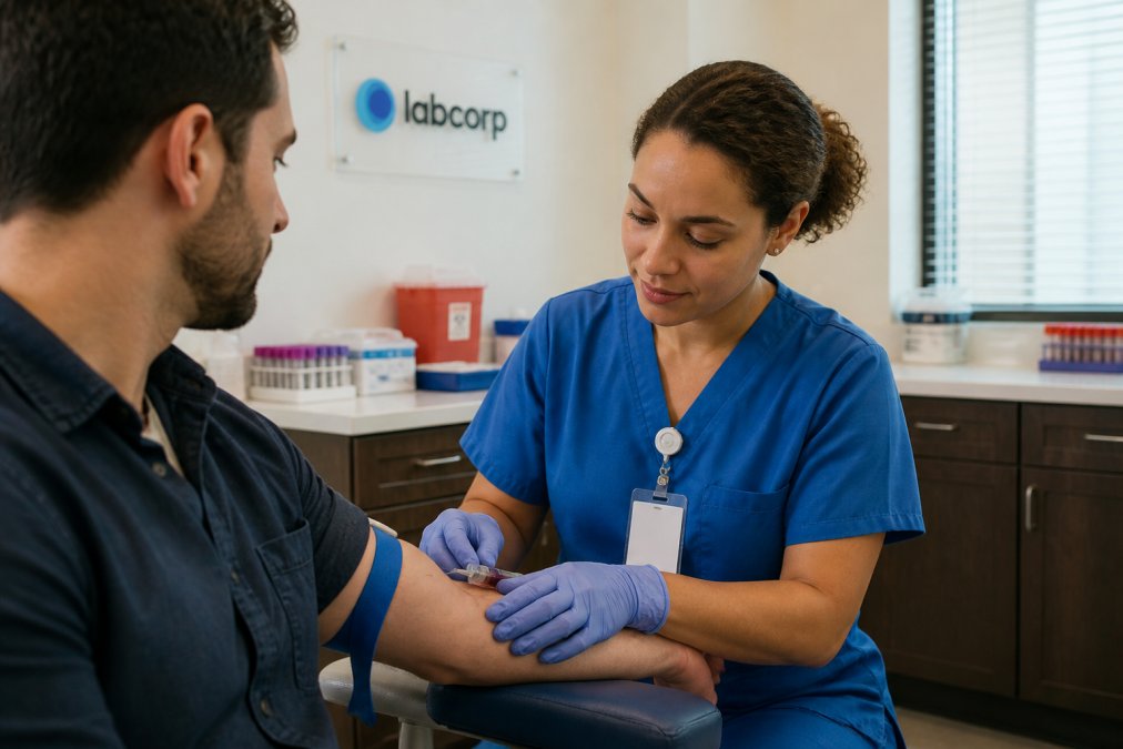 Close-up of a patient's arm during blood draw at a LabCorp facility, with healthcare professional in scrubs performing the procedure, natural clinic lighting