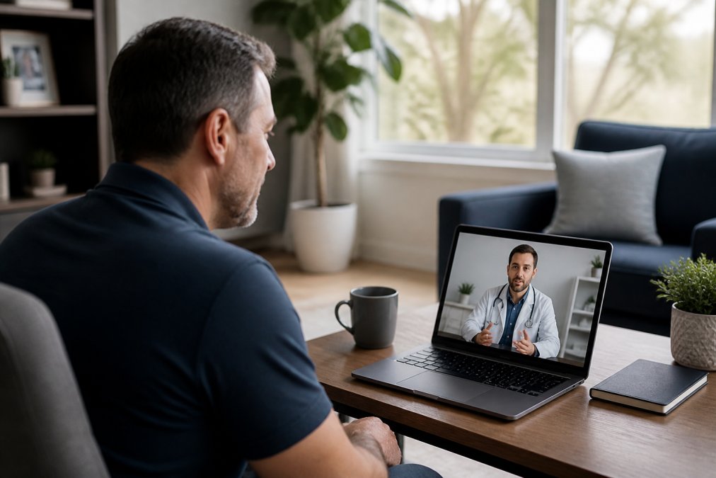 Man in his late 40s sitting at home during a video consultation on laptop, relaxed expression, natural window lighting in modern living room, medical provider visible on screen