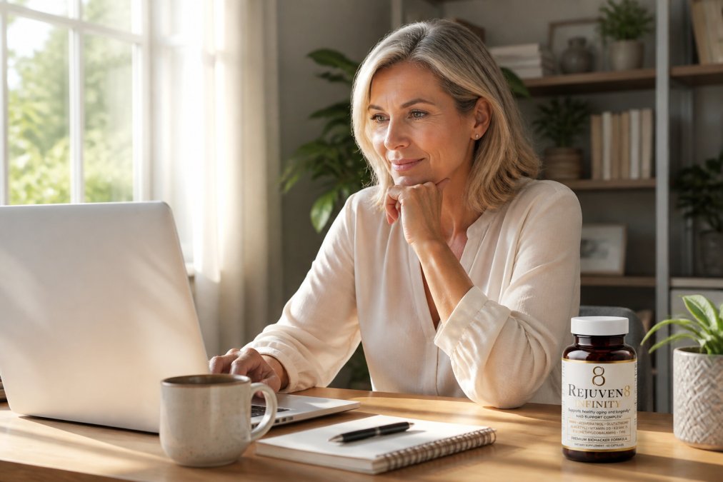 Professional woman in her 50s at her desk looking alert and focused while working on her computer with a cup of coffee nearby, bright morning light streaming through the window