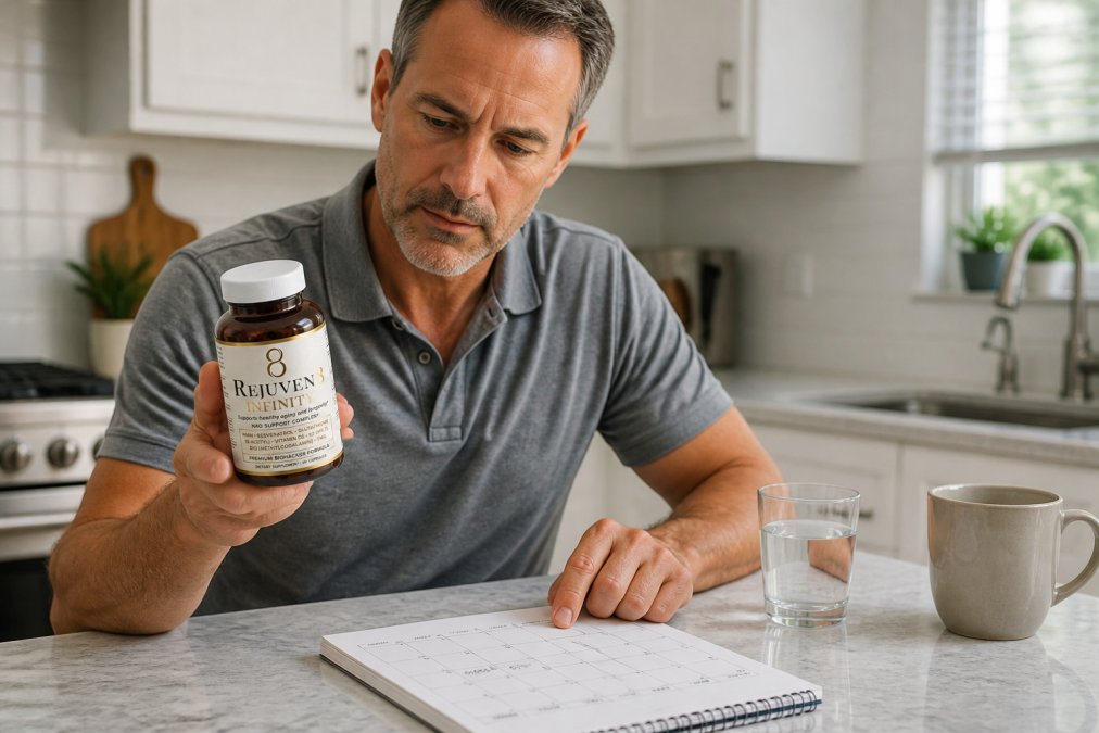 Middle-aged man reviewing supplement bottle and calendar on kitchen counter, checking dosage instructions with confidence and planning his daily routine