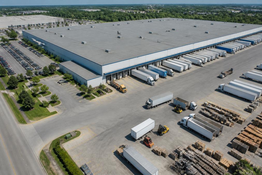 Aerial view of a sprawling distribution center with multiple loading docks, parked delivery trucks, organized inventory sections, and forklift operations visible from above on a clear day
