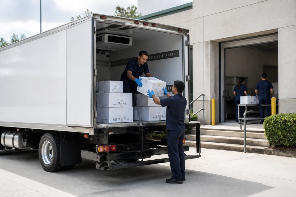 A TruBlu Logistics refrigerated delivery truck parked at a medical facility loading dock with workers in uniforms carefully loading temperature-controlled boxes of medical supplies in daylight