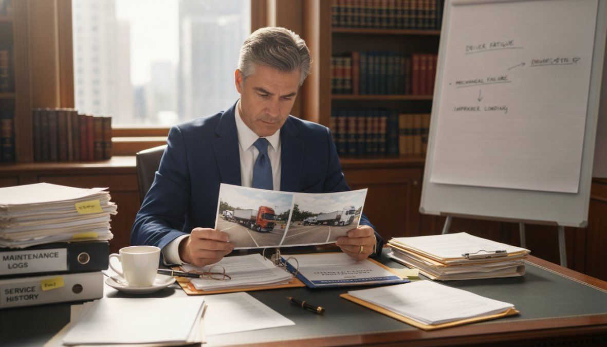 Personal injury attorney reviewing accident scene photographs and maintenance records at desk with legal documents and computer displaying telematics data