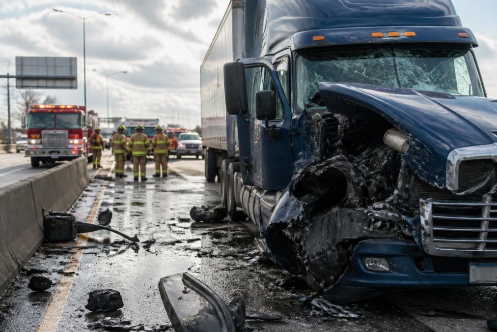 Damaged commercial truck at an accident scene with emergency vehicles and debris scattered across the roadway, viewed from the perspective of the accident site with first responders visible in the background