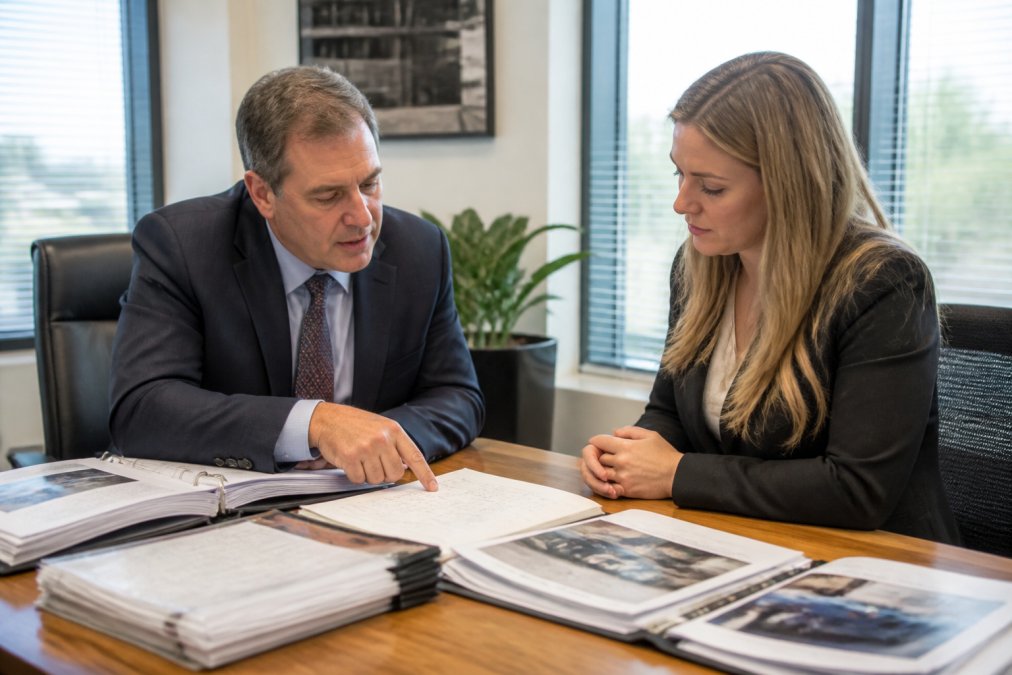 Attorney reviewing case documents, driver logbooks, and evidence materials spread across a desk in a professional office setting with natural light from windows