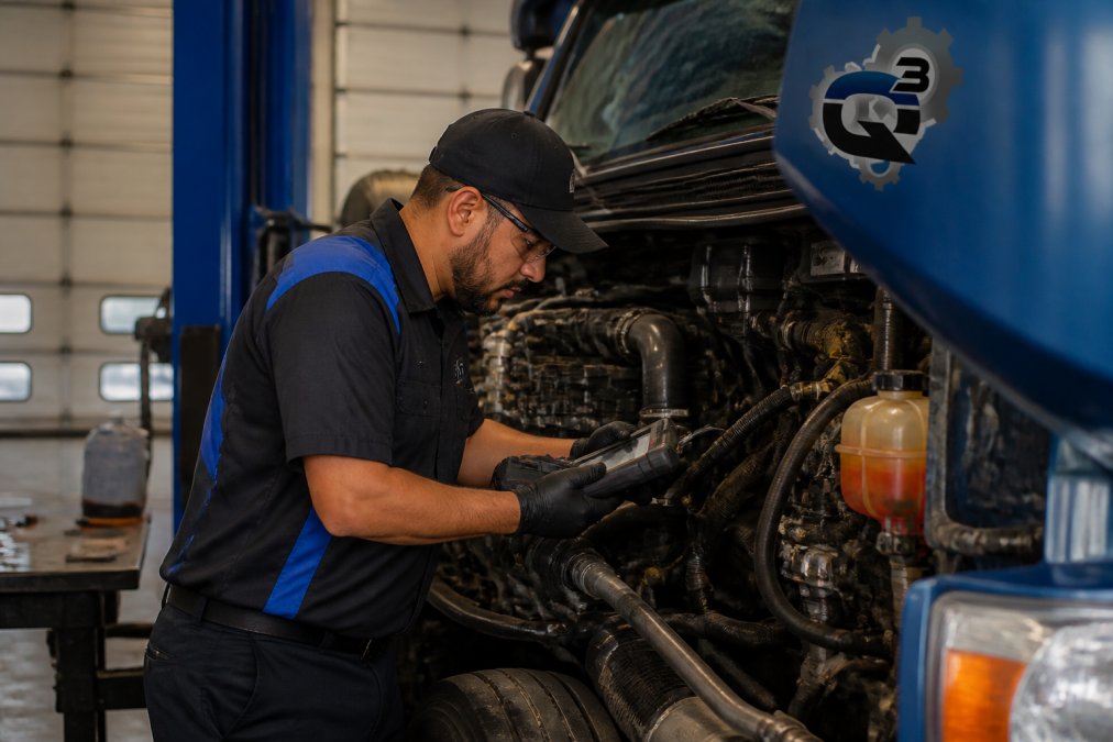 A skilled mechanic in a work uniform performing engine diagnostics on a heavy-duty diesel truck in a well-equipped service bay with diagnostic equipment visible