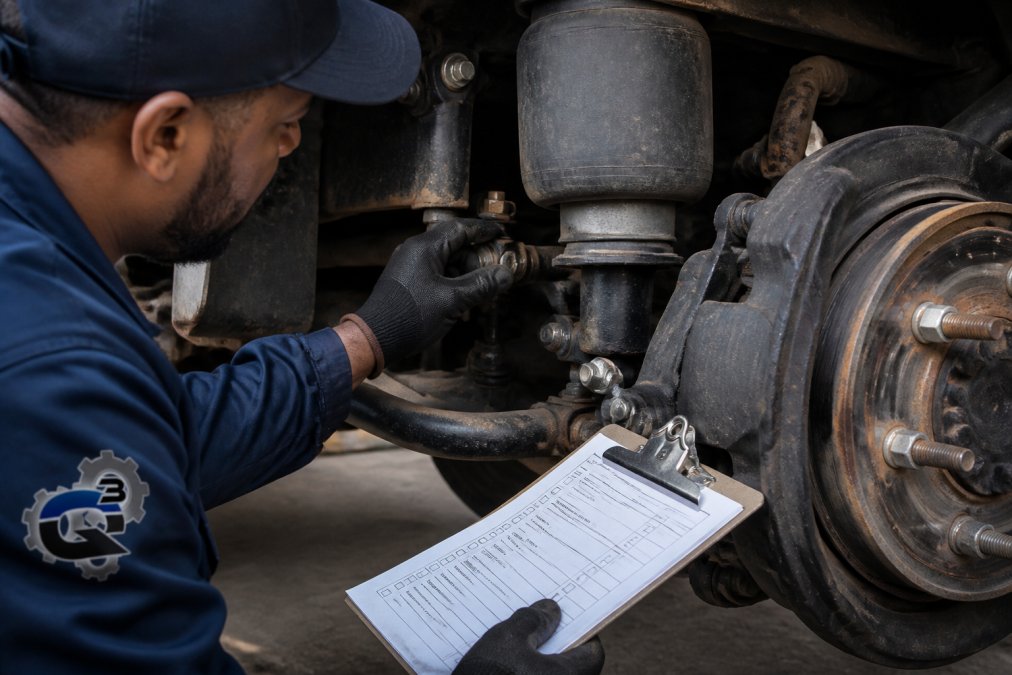Close-up of a technician inspecting truck brakes and suspension components with a checklist clipboard nearby, showing detailed examination of mechanical parts