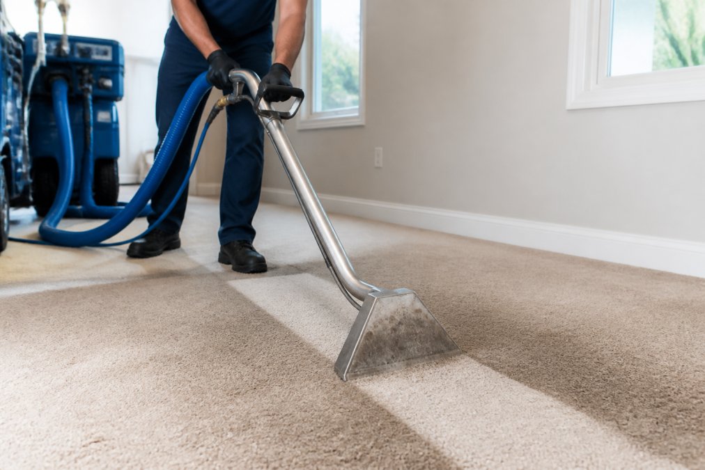 Professional technician operating truck-mounted carpet cleaning extraction wand on residential carpet, showing visible hot water extraction and soil suspension with cleaning solution activation