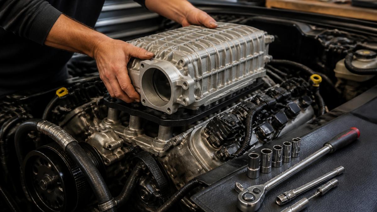A mechanic's hands guiding a supercharger intake manifold onto a V8 engine block inside a home garage, with sockets and a torque wrench on a nearby bench