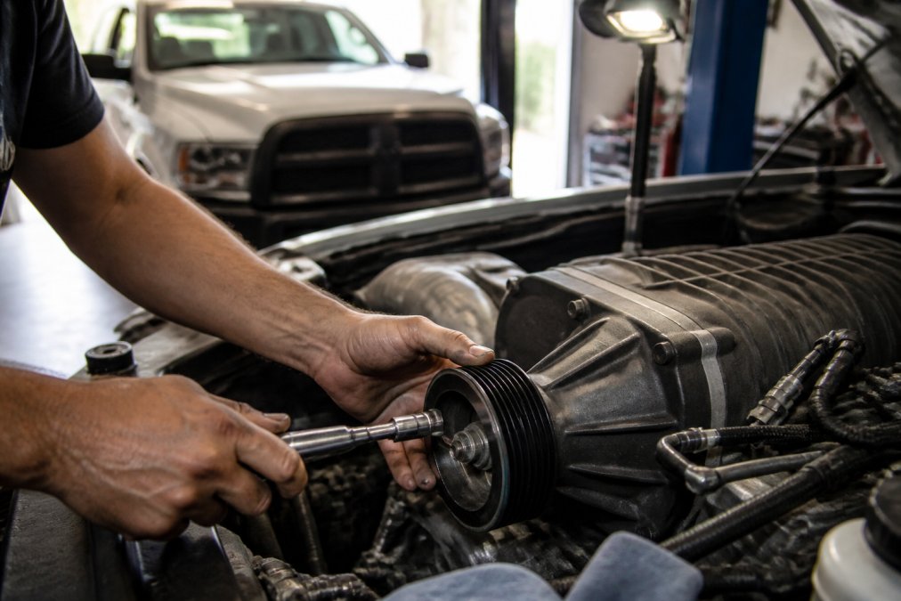 Mechanic using a wrench on a truck supercharger pulley during routine maintenance in a home garage