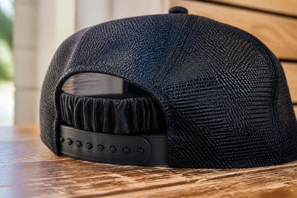 Nahaufnahme der Rückseite einer Trucker-Cap mit deutlich sichtbarem elastischem Band und verstellbarem Verschluss, einschließlich eines Details des Stretchmaterials