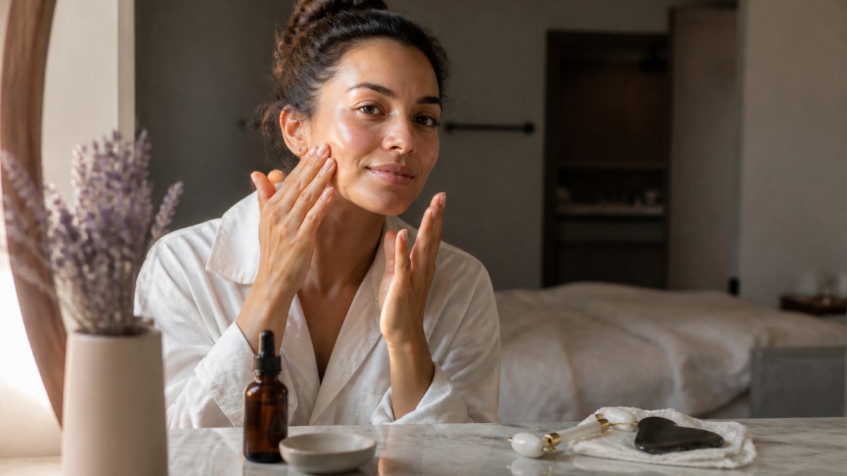 Woman's hands gently applying facial oil to her cheekbones in soft natural morning light, preparing skin before gua sha massage