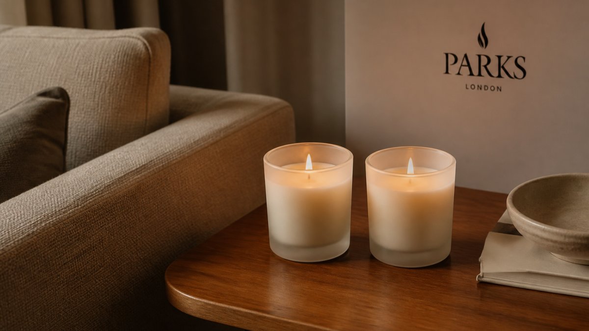 Two lit luxury candles in frosted glass vessels on a wooden side table beside a linen armchair, warm evening light, soft neutral interior