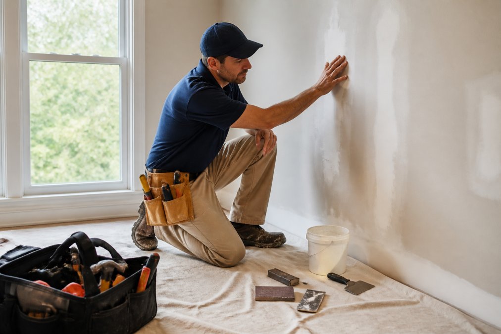 Professional handyman in a tool belt inspecting a wall for drywall repair in a residential home, tools and materials visible on drop cloth, natural window light