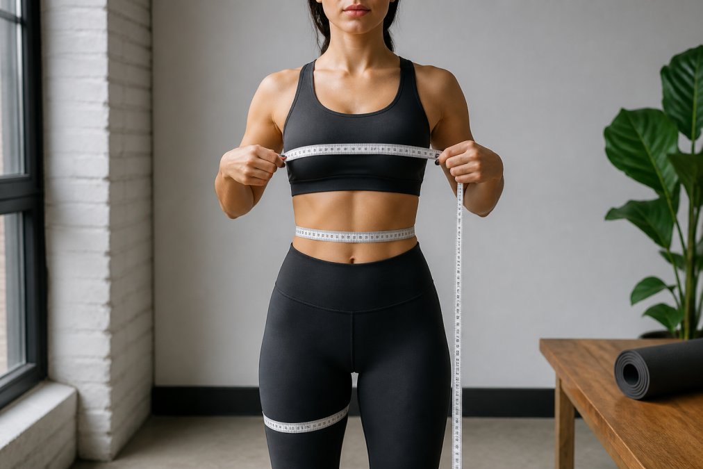 Person wearing fitted athletic apparel with measurement tape positioned around chest, waist, and inseam areas, demonstrating proper measurement technique with natural studio lighting