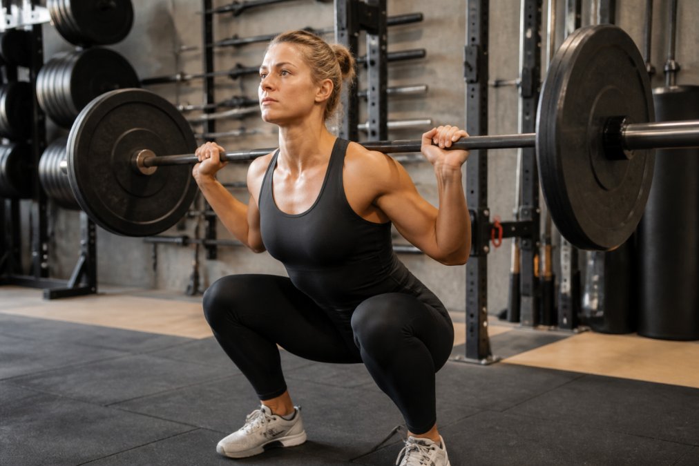 Athlete performing weighted squat in fitted athletic apparel demonstrating proper range of motion and garment fit during heavy lifting movement, with natural gym lighting