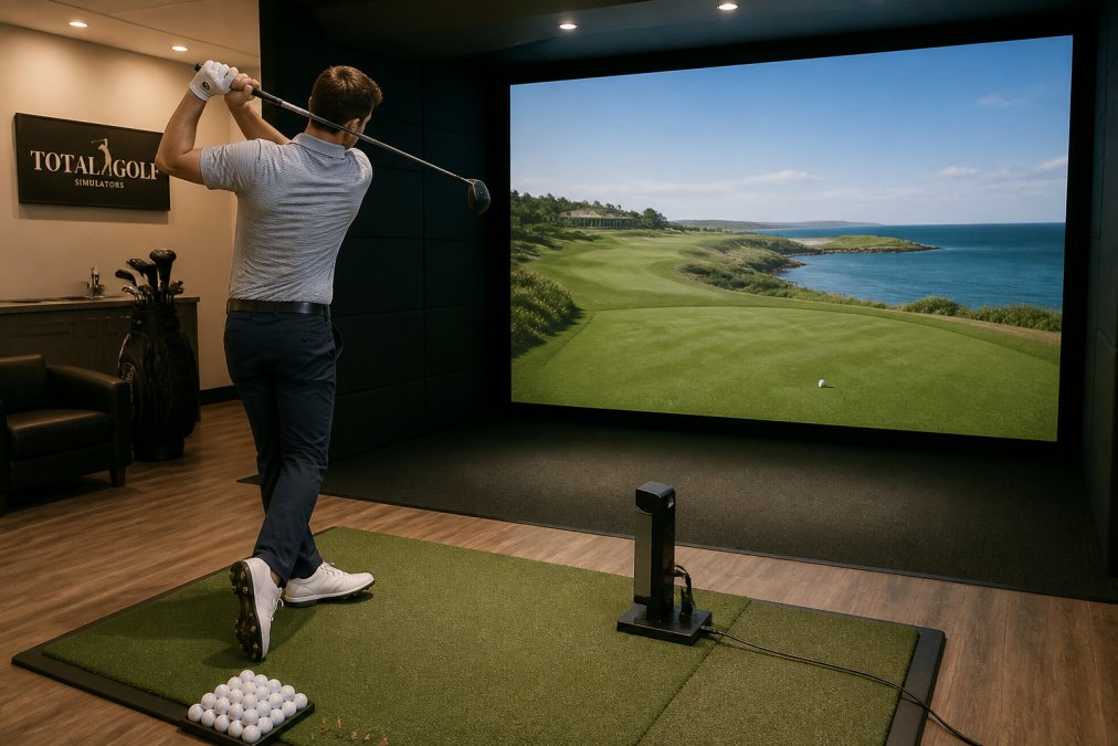 Infographic comparing TruGolf vs Shop Indoor Golf features and launch monitor performance specs