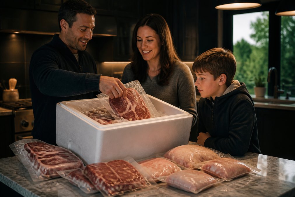 Close-up of premium cuts of Alberta beef and free-range chicken in flash-frozen vacuum-sealed packaging arranged on a kitchen counter with visible ice crystals and condensation