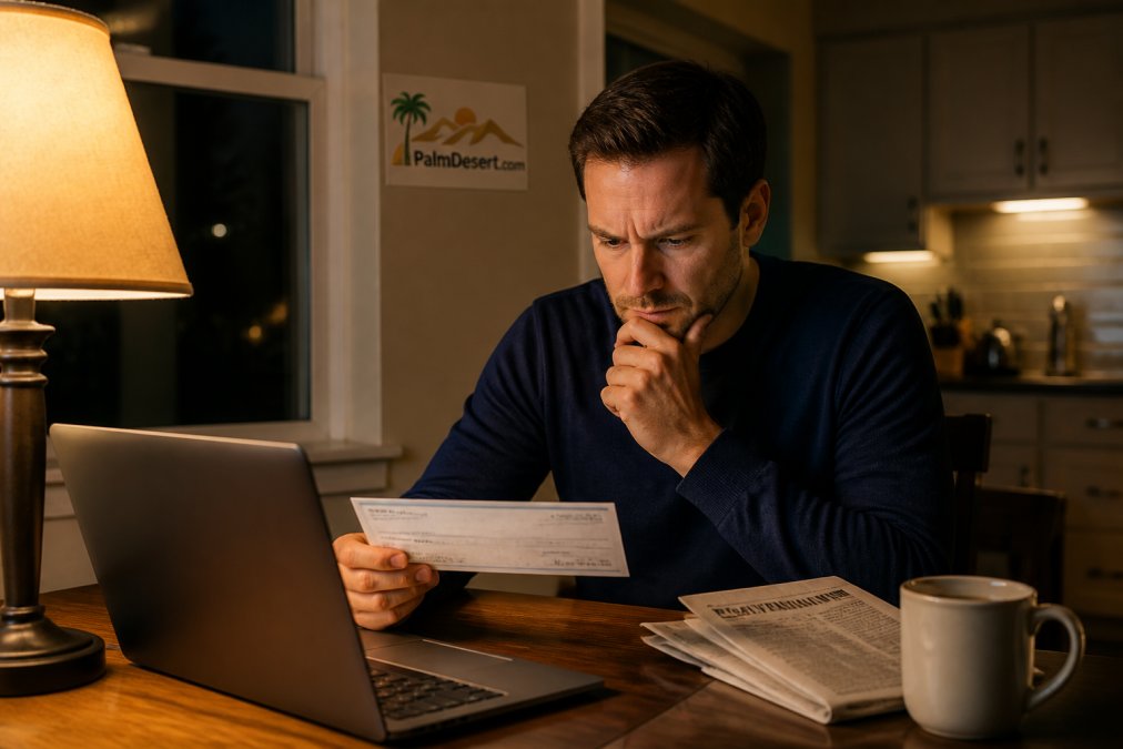 A person sitting at a kitchen table at night, laptop open to a news article about a government payout, a folded newspaper and a half-full coffee mug beside them, warm lamp light