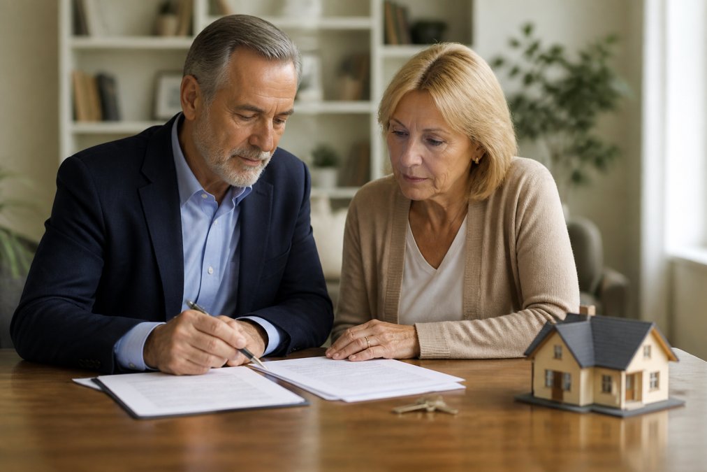 Professional advisor and homeowner reviewing property documents and deed transfer paperwork at a desk with a house model nearby