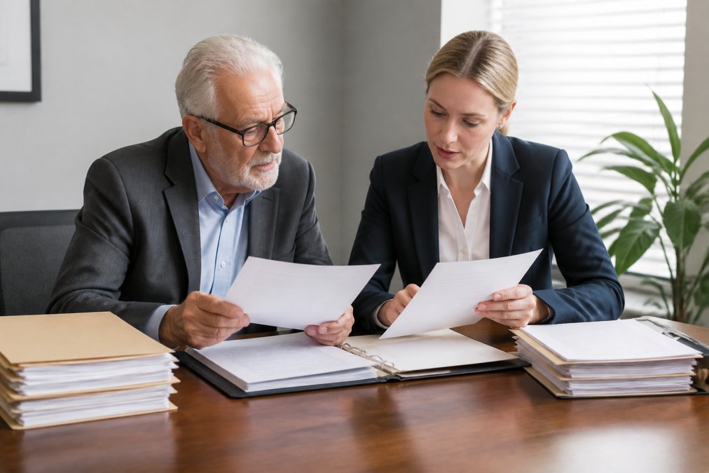 Trustee and real estate agent reviewing trust property sales disclosure documents and inspection reports at a desk
