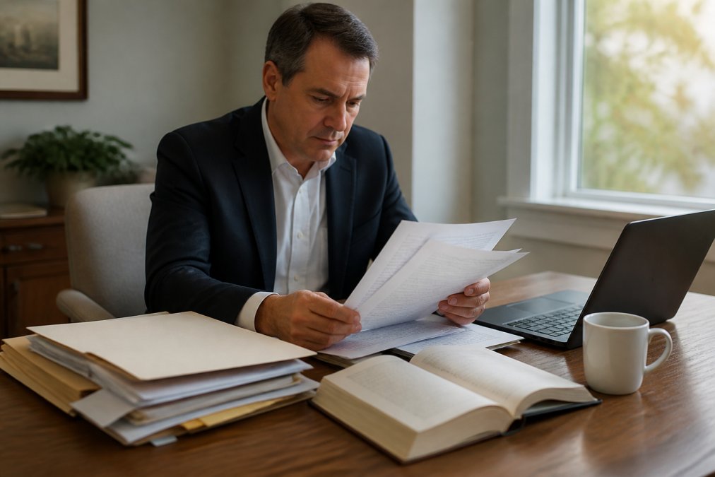 Professional executor or trustee reviewing probate court documents and property files at a wooden desk with laptop, coffee cup, and legal papers in natural office lighting