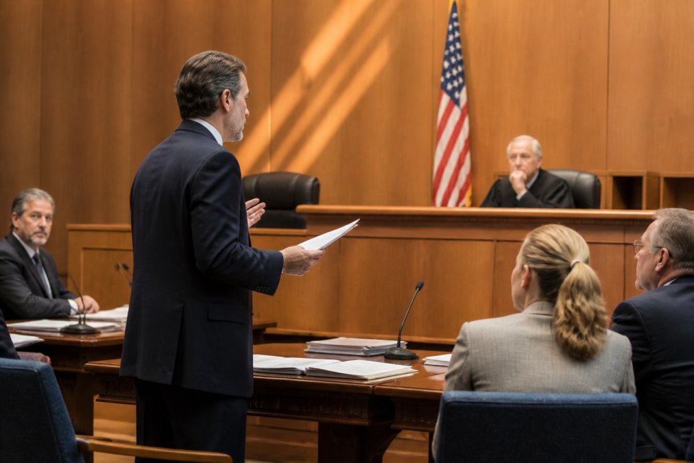 Professional attorney or probate specialist presenting documents in a formal courtroom setting with other individuals present, natural courtroom lighting