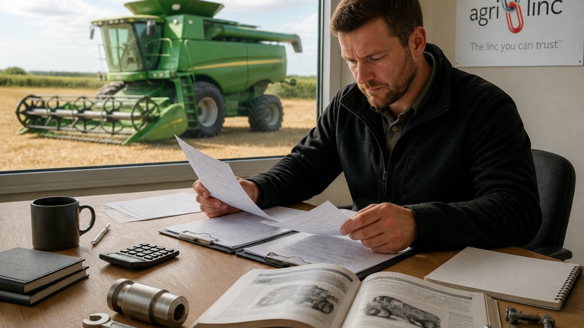 Farm manager reviewing machinery documentation and finance paperwork at a desk, with a combine harvester visible through the window behind