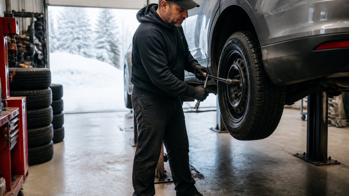 A technician in a clean service bay mounting a winter tire onto a car wheel with a torque wrench, snow visible through the open garage door