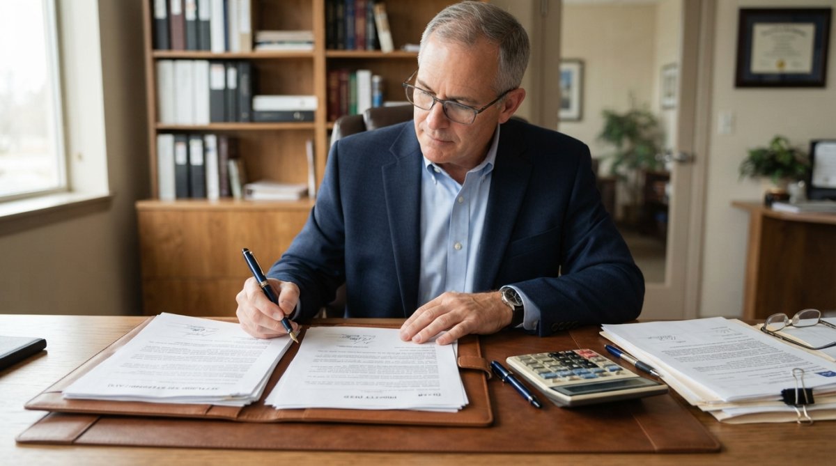 Trustee reviewing property closing documents and deeds to manage trustee responsibilities after selling the home.