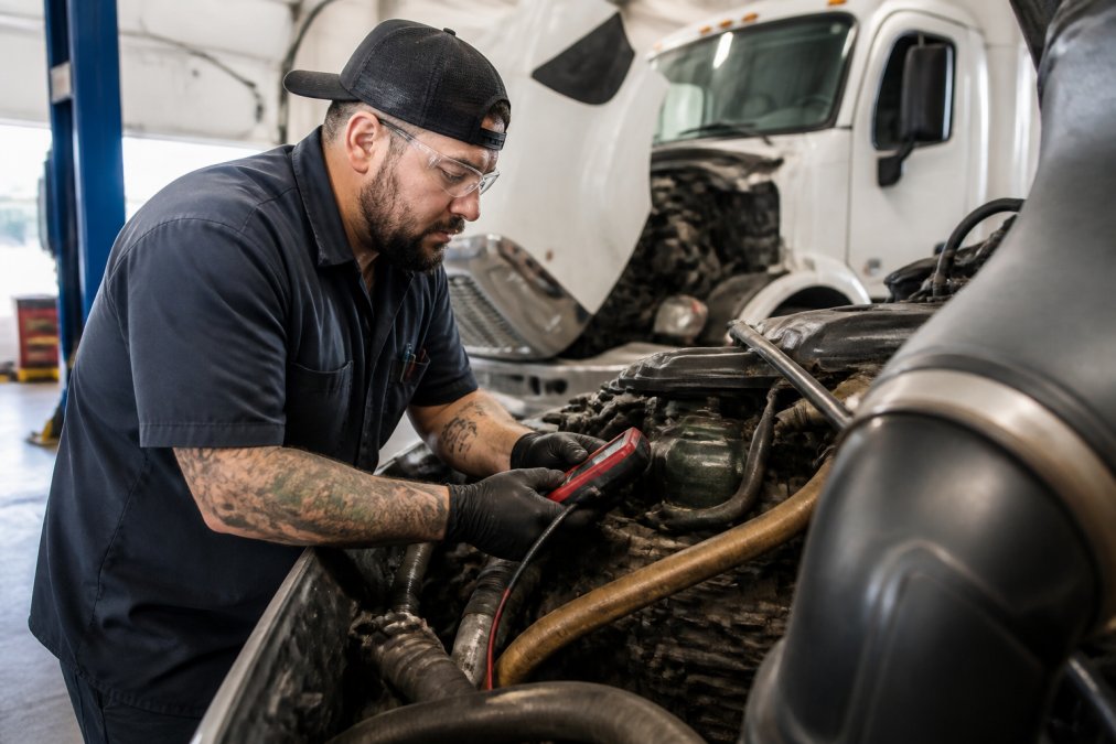 Professional technician in uniform inspecting commercial truck engine with diagnostic scanner and equipment visible in modern fleet repair facility