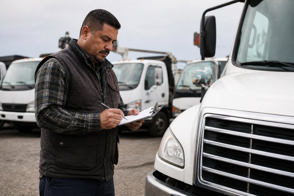 Fleet manager reviewing maintenance records and checklist on tablet while standing next to commercial work truck in organized fleet yard