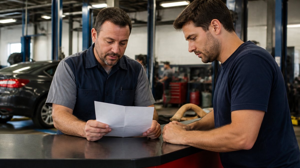 Professional mechanic in work uniform reviewing a printed estimate with a customer at the service counter in a well-lit repair shop, both looking at the document together