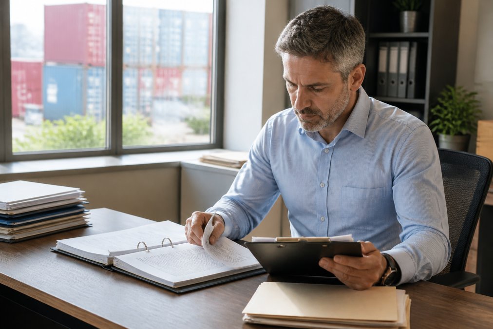 Professional logistics manager reviewing TSA compliance documentation and security certificates at modern office desk with computer and clipboard, natural daylight through windows