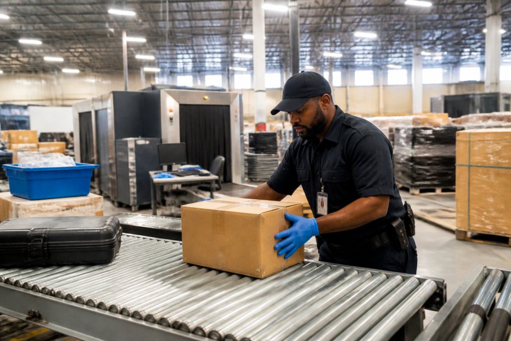 Cargo screening facility worker inspecting packages on conveyor system under bright industrial lighting, with scanning equipment and documentation visible in background