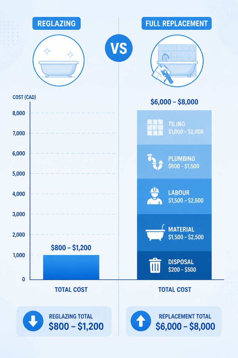 Bar chart comparing total project cost bands for reglazing versus full tub replacement, showing reglazing at a low single band and replacement spanning material, labour, plumbing, tiling, and disposal stacked into a much taller bar