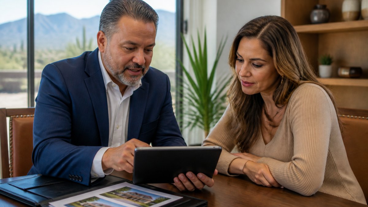 Real estate professional and client reviewing property listings and market data on tablet in modern office with natural window lighting