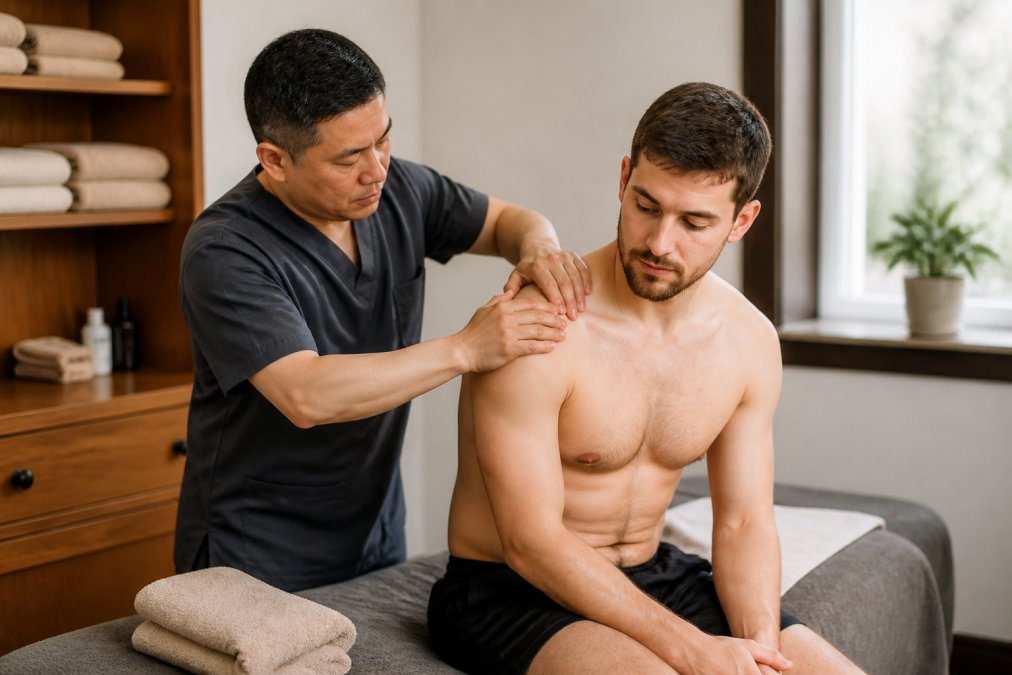 Therapist performing tui na for sports injury massage on an athlete's shoulder in a calm clinic treatment room