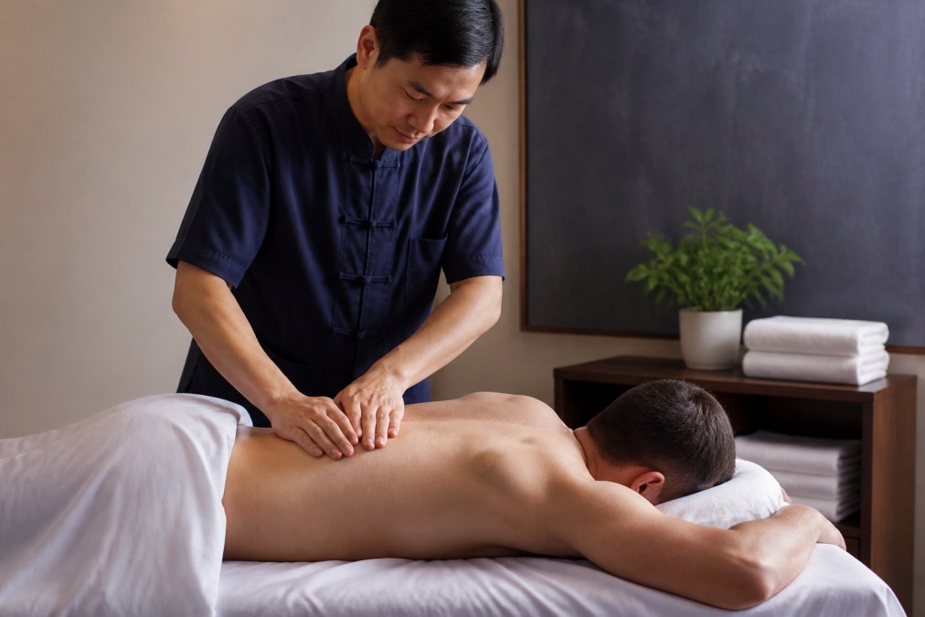 A TCM practitioner performing Tui Na massage on a patient's lower back in a calm, professional treatment room with soft lighting, clean linens and folded towels on a side table