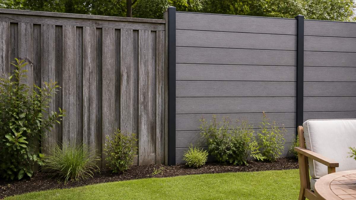 Zijdelingse vergelijking van een houten schutting met zichtbare verwering en grijze kleur naast een composiet schutting in grijs-eiken met scherpe lijnen, beide in dezelfde tuinomgeving met gras en groene beplanting