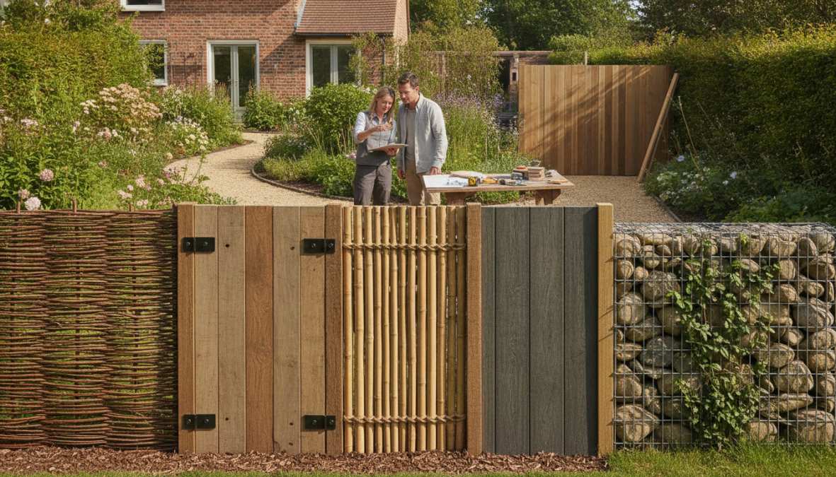 Close-up van drie schuttingmaterialen naast elkaar in een tuin: een donker composiet paneel, lichte douglas houten planken en een betonpaal, gefotografeerd buiten in natuurlijk daglicht