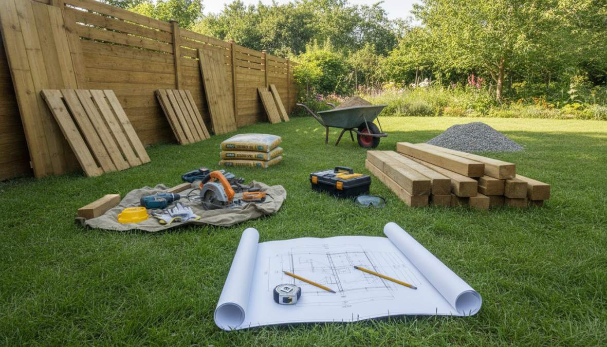 Twee professionele schuttingmonteurs die een houten schuttingpaneel tussen betonpalen plaatsen in een woontuintje, gekleed in werkkleding, met gereedschap en materialen zichtbaar op het gras