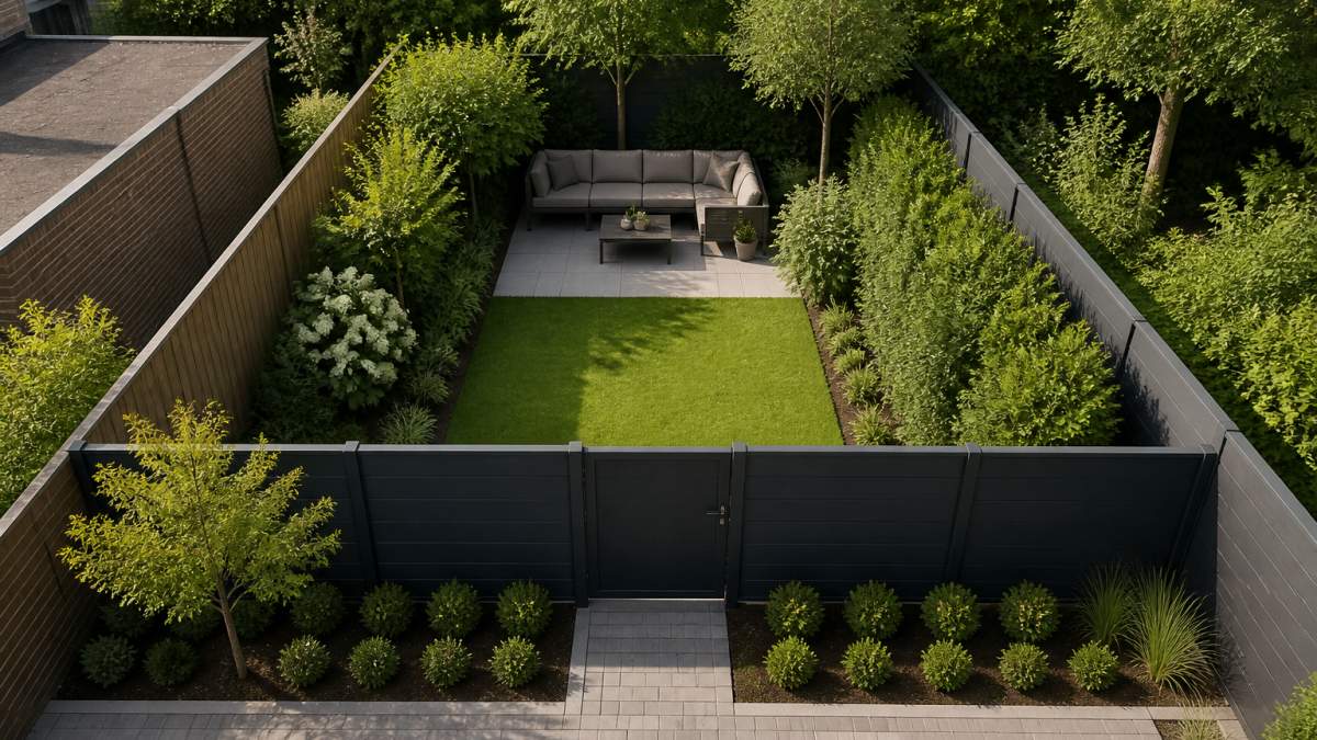 Bovenaanzicht van een tuinontwerp met zones voor privacy door strategische beplanting en dichte struiken.