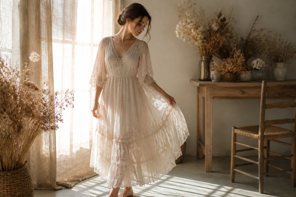 A woman in a flowing off-white lace and tulle midi dress standing in a sunlit room with linen curtains and dried flowers, showing fabric detail and relaxed vintage-inspired styling